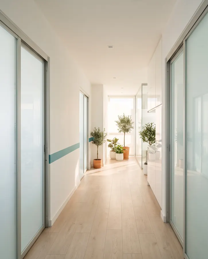Bright clinic corridor with frosted glass doors and light oak floor