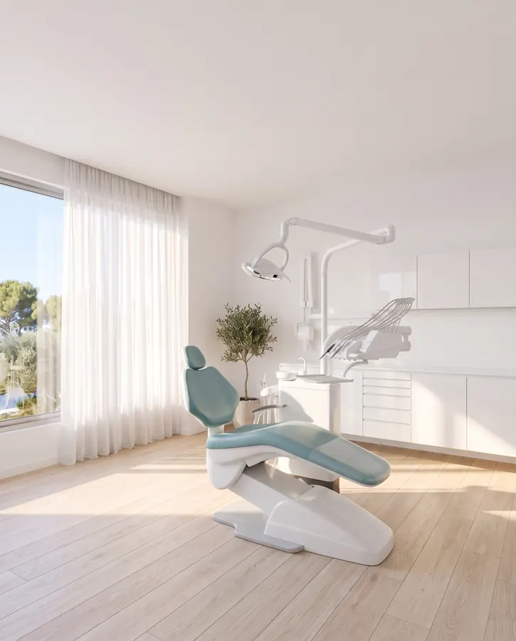 Treatment room with a white and turquoise chair in morning light