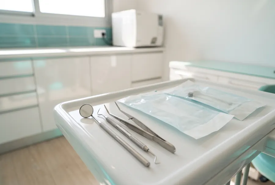 Sterile dental instruments arranged on a white tray