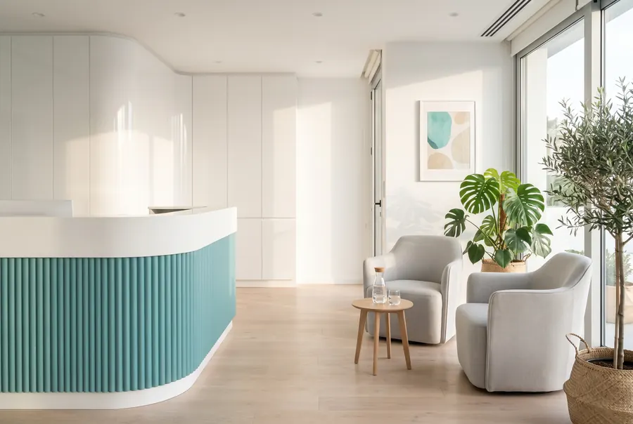 Reception with a curved white desk, turquoise fluted panel and lounge chairs